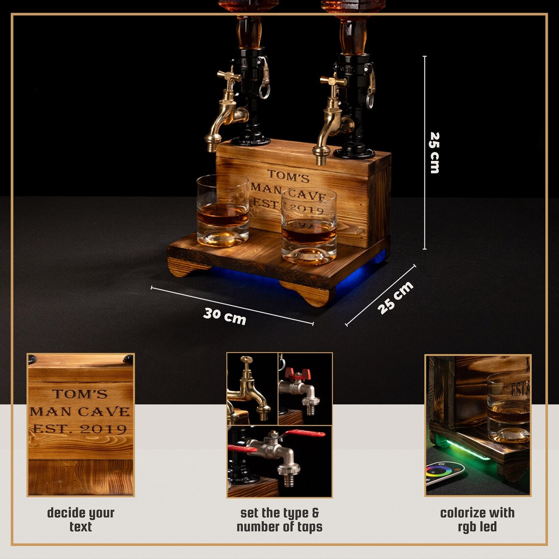 Personalized Whiskey Dispenser with RGB: Wood Bar Decor