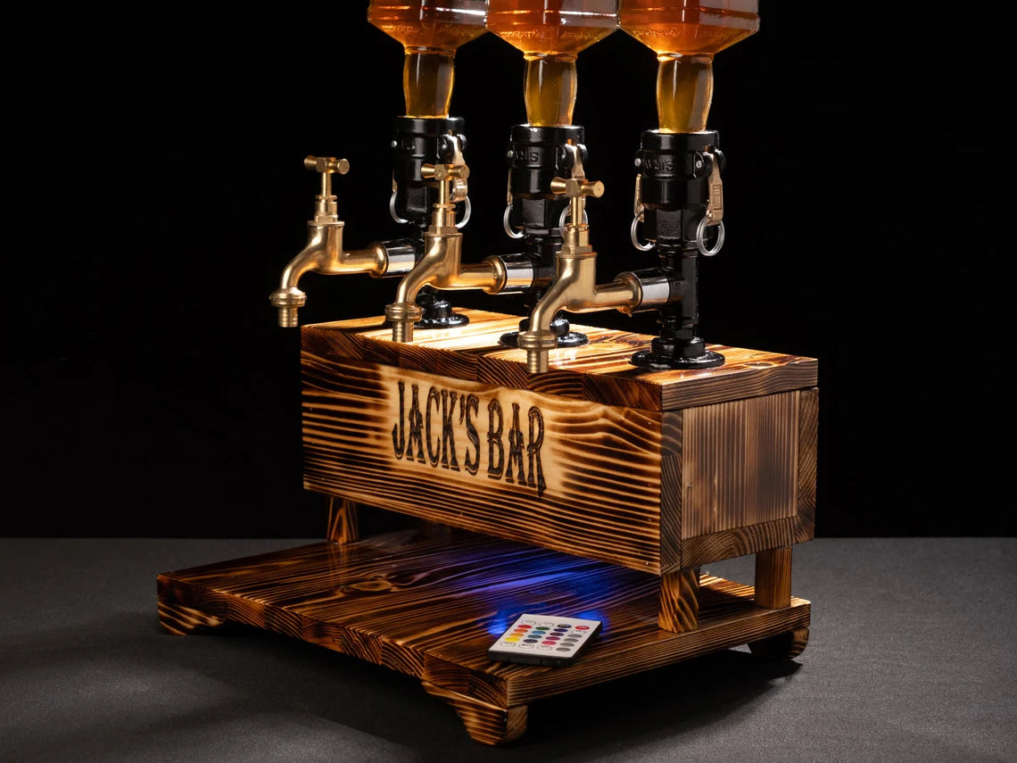 Personalized Whiskey Dispenser with RGB: Wood Crafted Liquor Bar Decor