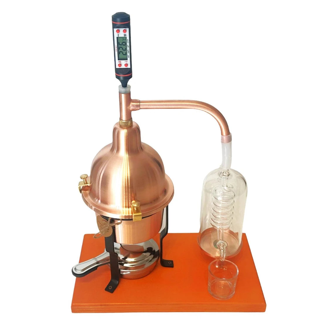 Alembic Distiller for essential oils & hydrolates in copper with glass condensation coil.