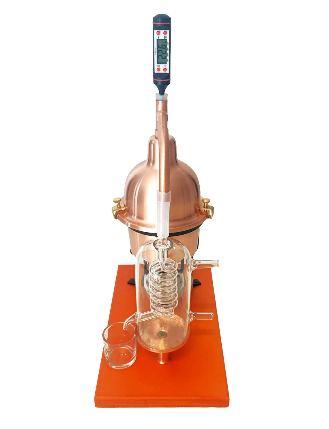Alembic Distiller for essential oils & hydrolates in copper with glass condensation coil.