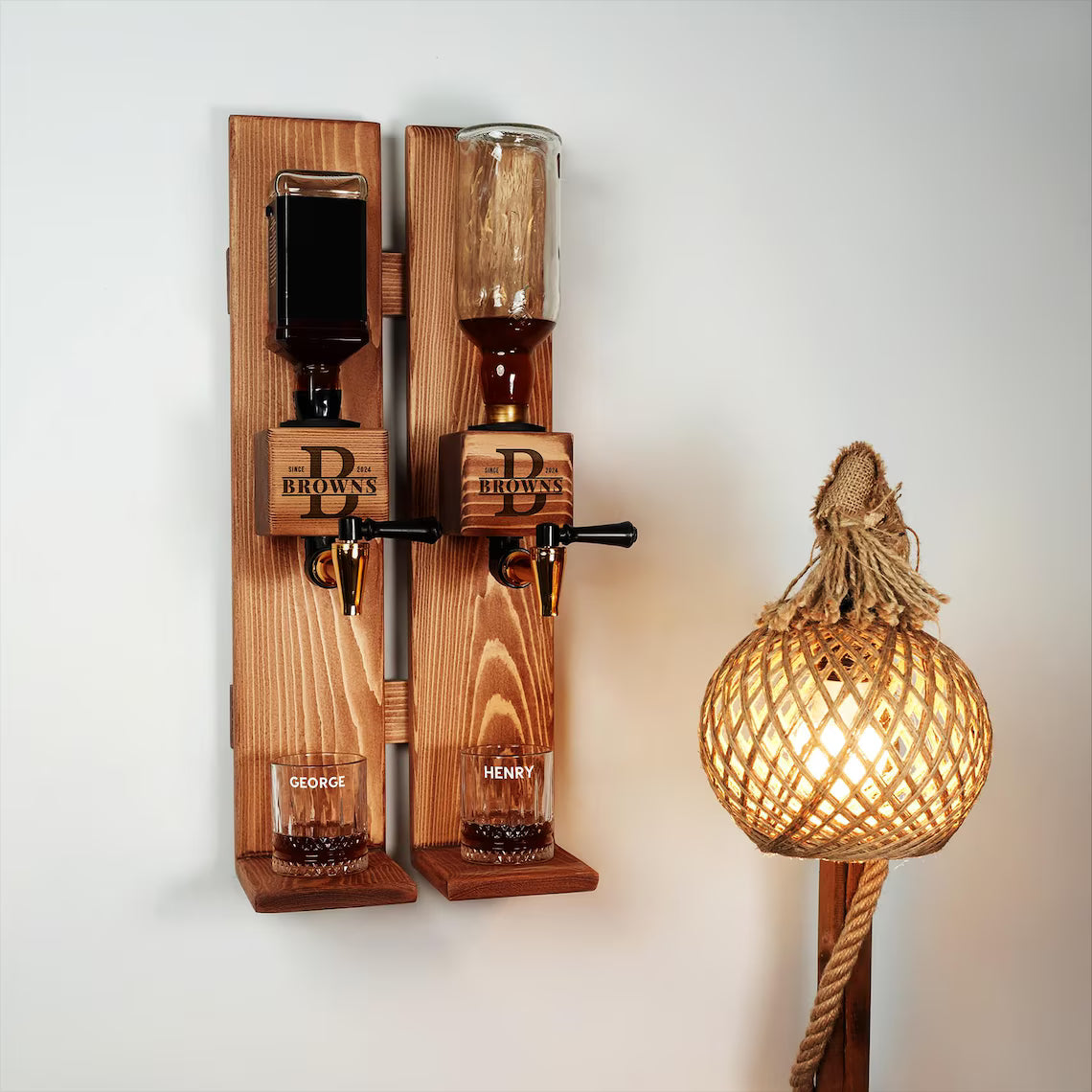 Personalized Whiskey Gift Set Liquor Dispenser, Wall Mounted Whiskey Dispenser, Custom Whiskey Storage with Glasses, Home Bar Decor Ideas