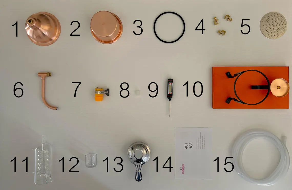 Alembic Distiller for essential oils & hydrolates in copper with glass condensation coil.