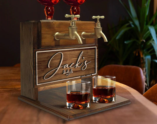 Personalized Embossed Named Wooden Double Faucet Whiskey Dispenser, Bar, Home Bar, Pub and Pub Shed, Wine, Vodka, Liquor Dispenser, Fountain